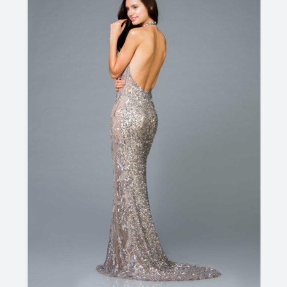 Scala Dresses & Skirts - Scala 48959 Sequin Beaded Halter Gown Lead Silver Gunmetal Size 0
